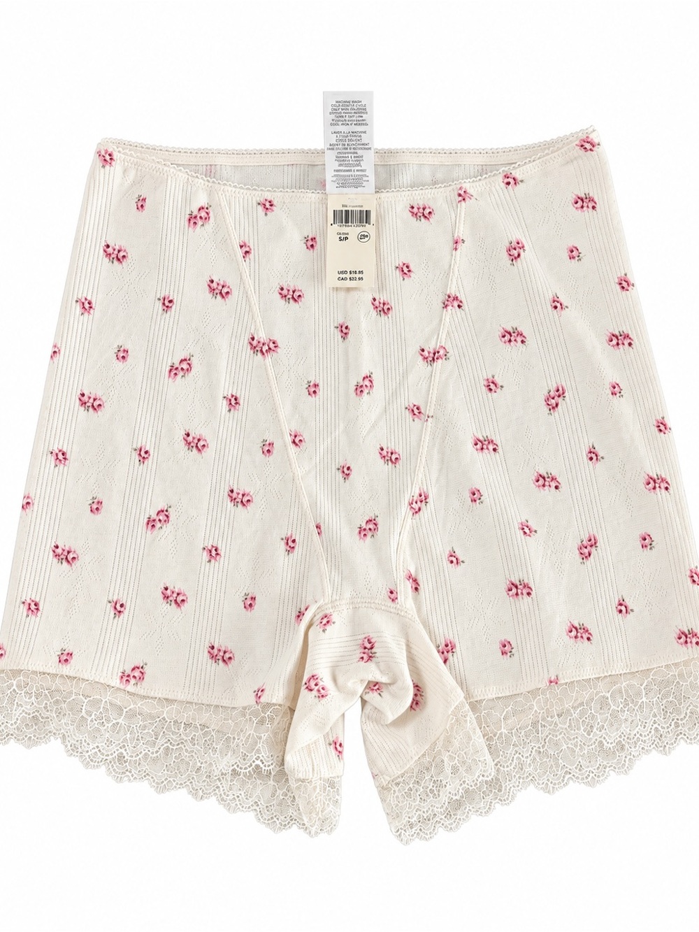 aerie Cream High-Waist Floral Lace Boyshorts with Pink Roses